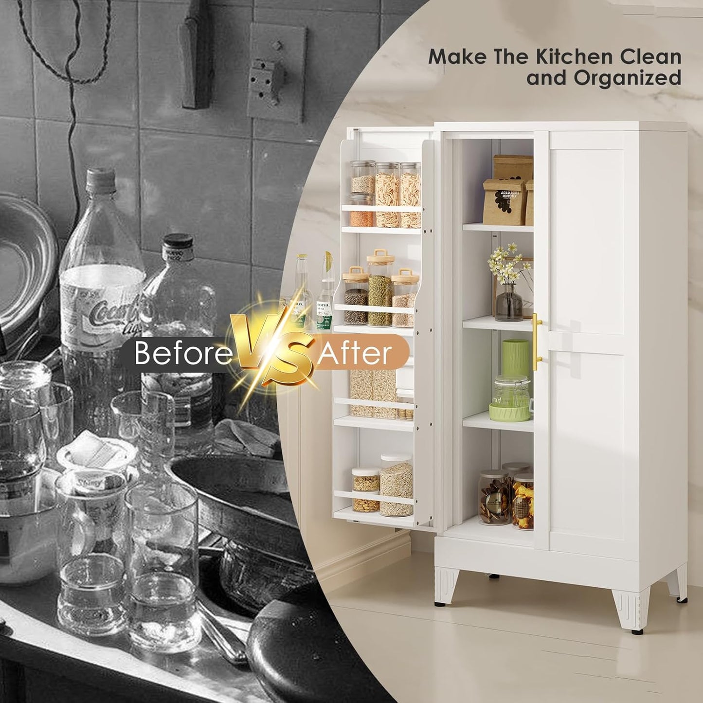 51" H Metal Kitchen Pantry Storage Cabinet, Freestanding Cupboard Storage Cabinet with Doors and Adjustable Shelves, Large Stand Up Food Cupboard for Living Room, Dinning Room, White