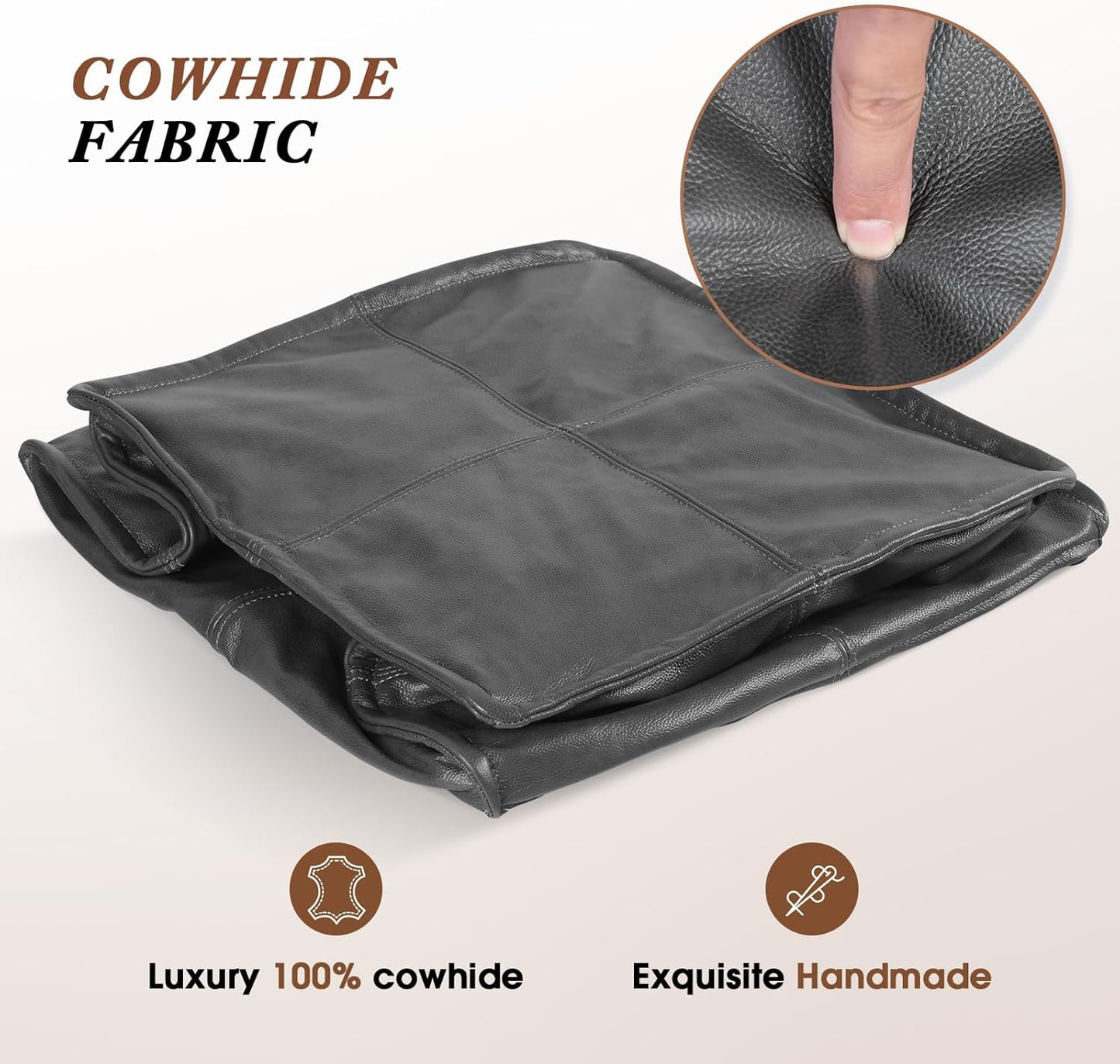 Leather Ottoman,Handmade Stuffed Square Ottoman,Genuine Leather Pouf, Foot Rest Pouf,Comfortable Soft Seating for Living Room & Bedroom (Grey, Square)