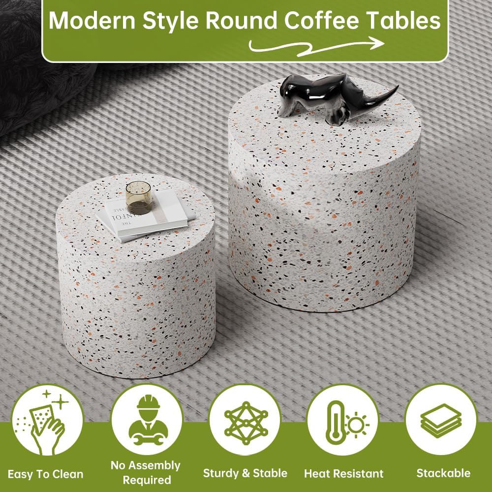 Round Nesting Coffee Tables Modern Terrazzo Coffee Table Small Round Coffee Table Circular Side Table Accent End Table Nesting Coffee Tables Set of 2 for Living Room (Terrazzo)