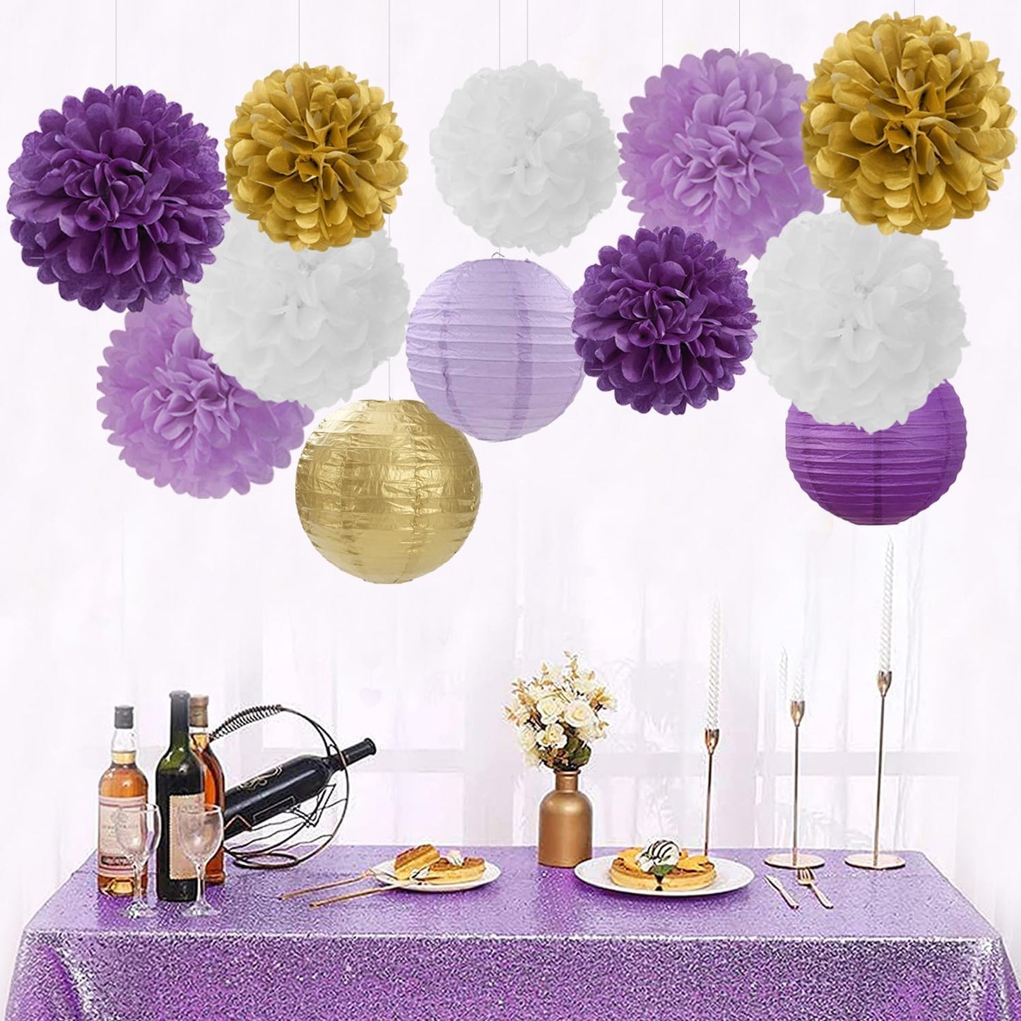 Purple White-Gold Party-Decorations Paper Flowers Lanterns - 15PCS Graduation Lavender Tissue Pom Poms Streamers,Wedding Birthday Bachelorette Baby Shower Classroom Hanging Supplies Decor Hugfond