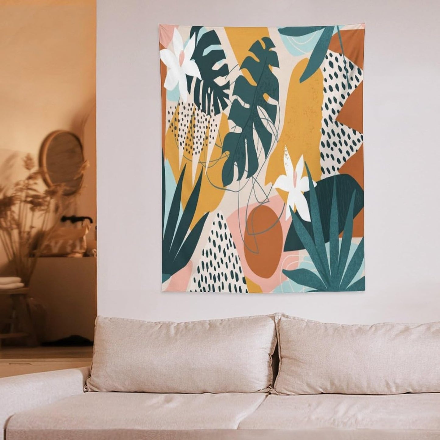 Abstract Bohemian Mid Century Tapestry, Tropical Leaves Modern Geometric Archway Minimalist Bohemian Botanical Aesthetic Wall Hanging, Sage Green Gold Home Decor Art for Bedroom 40x60 Inch