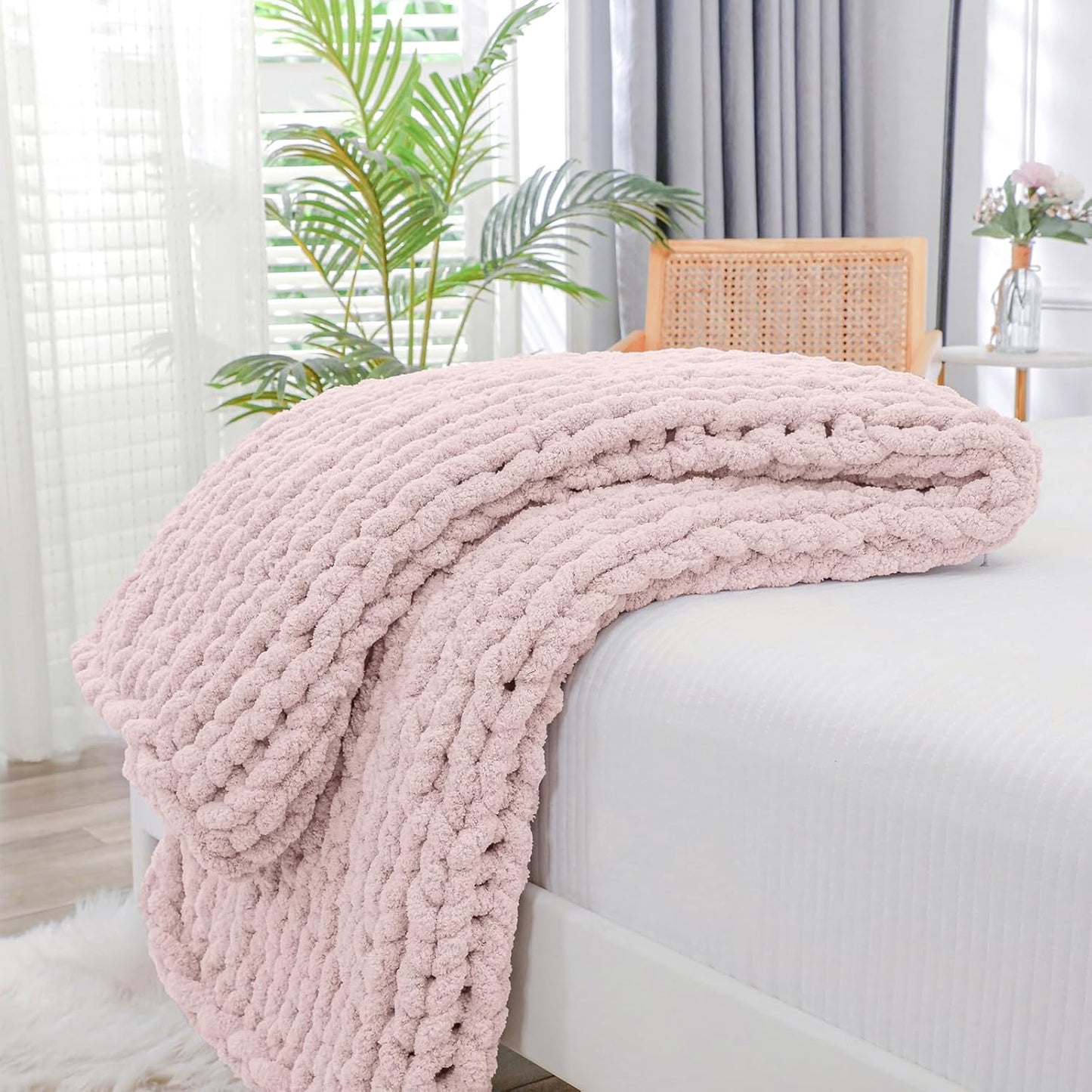 Bigacogo Chunky Knit Throw Blanket for Couch, 40x60 inches, 100% Hand Knitted with Thick Jumbo Chenille Yarn, Cozy Soft Large Rope Knot Cable Crochet Blankets for Sofa Bed Living Room, Rose Tan