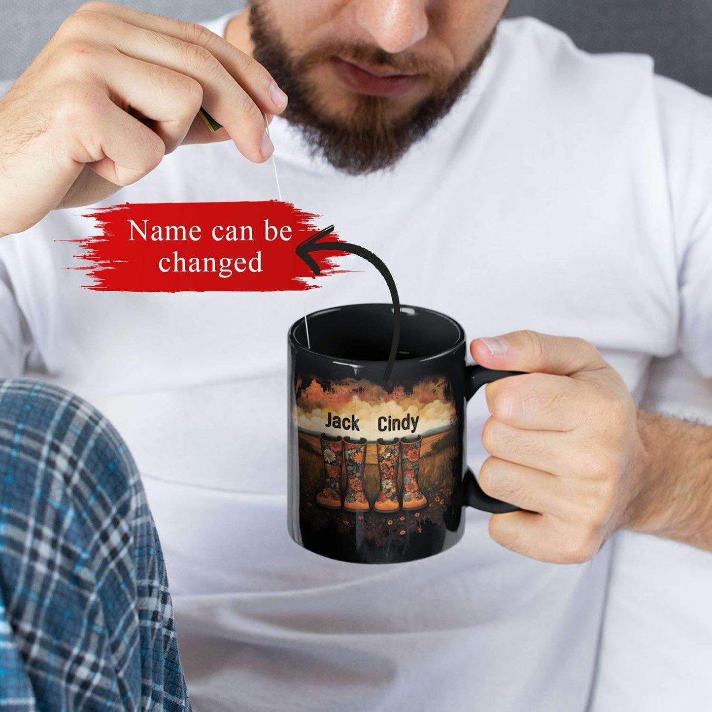 Custom Couple Mug with Floral Boots Design, Personalized Name Coffee Mug 11oz 15oz, Fall Inspired Ceramic Coffee Cup, Custom Autumn Scene Black Cup, Gifts for Boyfriend, Girlfriend