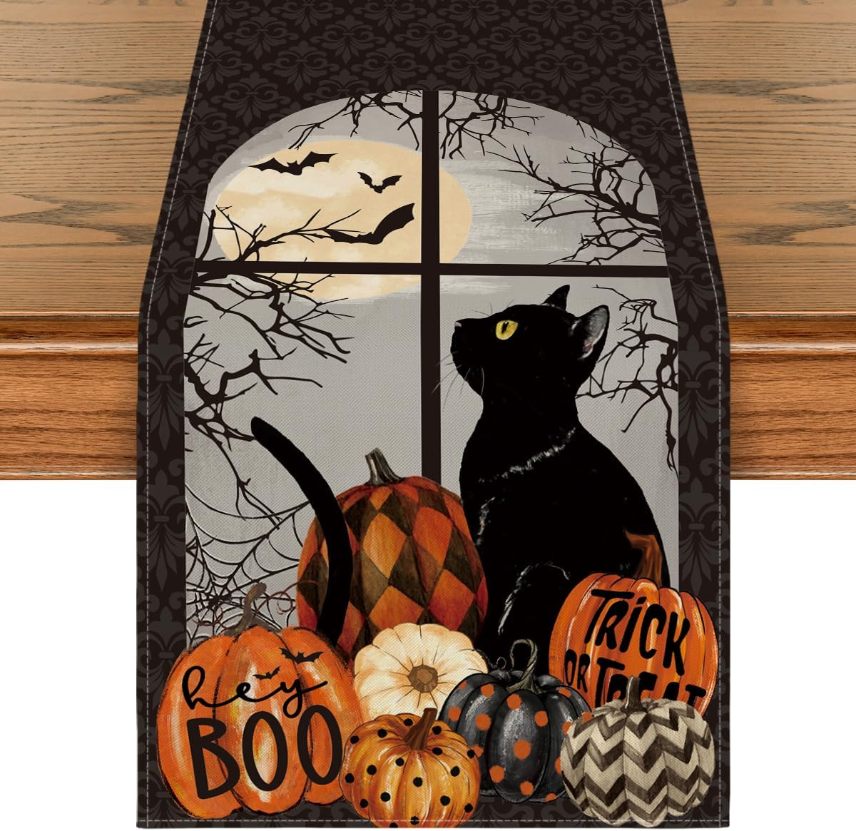 Artoid Mode Black Cat Pumpkins Boo Halloween Table Runner, Trick Or Treat Seasonal Kitchen Dining Table Decoration for Home Party Decor 13x108 Inch