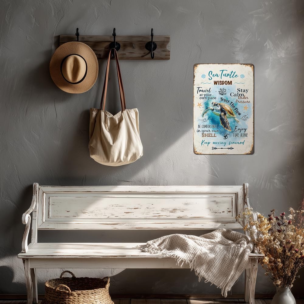 Heuhuww Retro Sea Turtle Wisdom Metal Sign for Home Office Room-Inspirational Beach Decor-Sea Turtle Quote Gifts for Ocean Lovers 12" x 8"(H16)