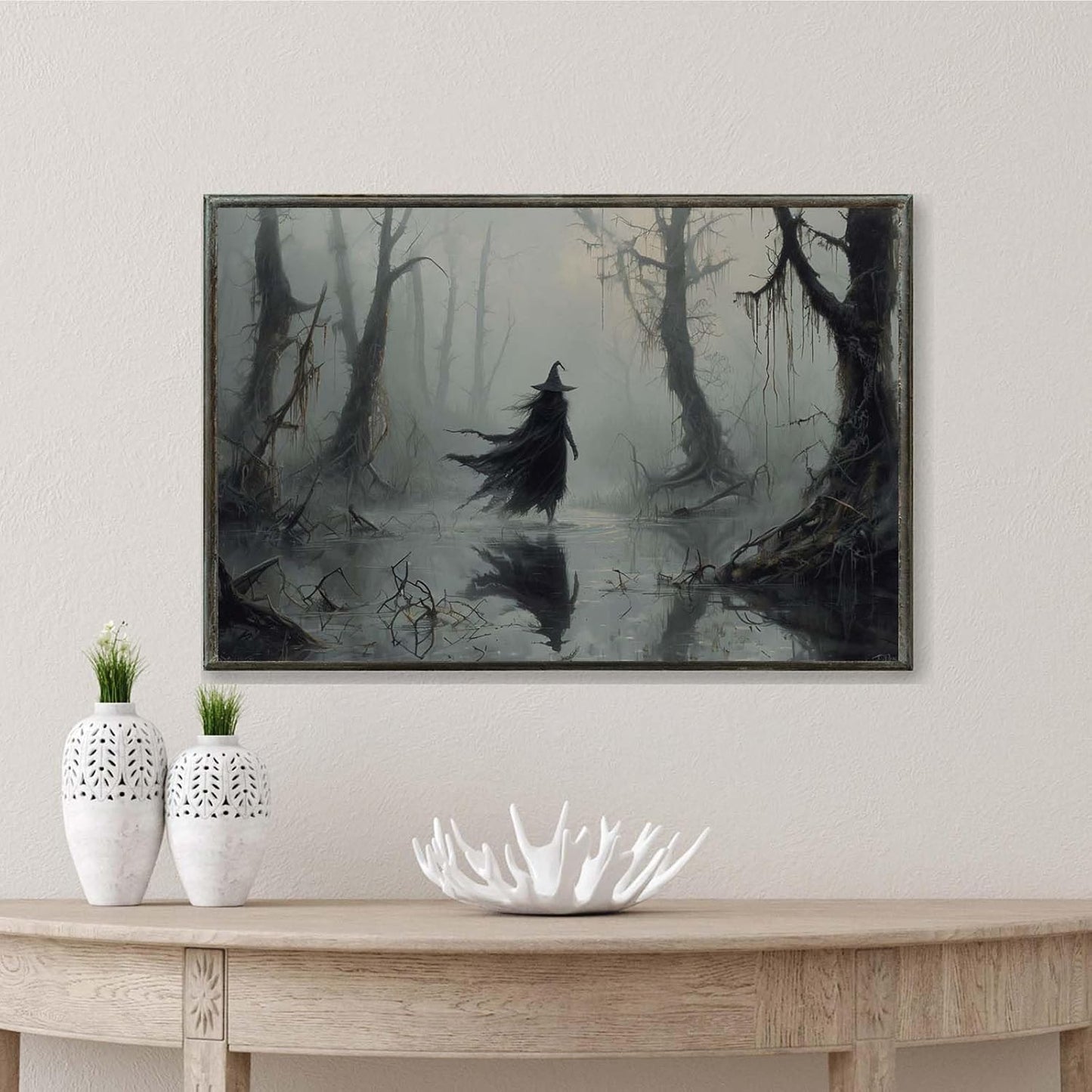 JFHCQJPK Vintage rustic swamp witch poster dark moody wall art gothic horror season halloween print for home decor retro dark moody painting16x24in Metal blackFramed