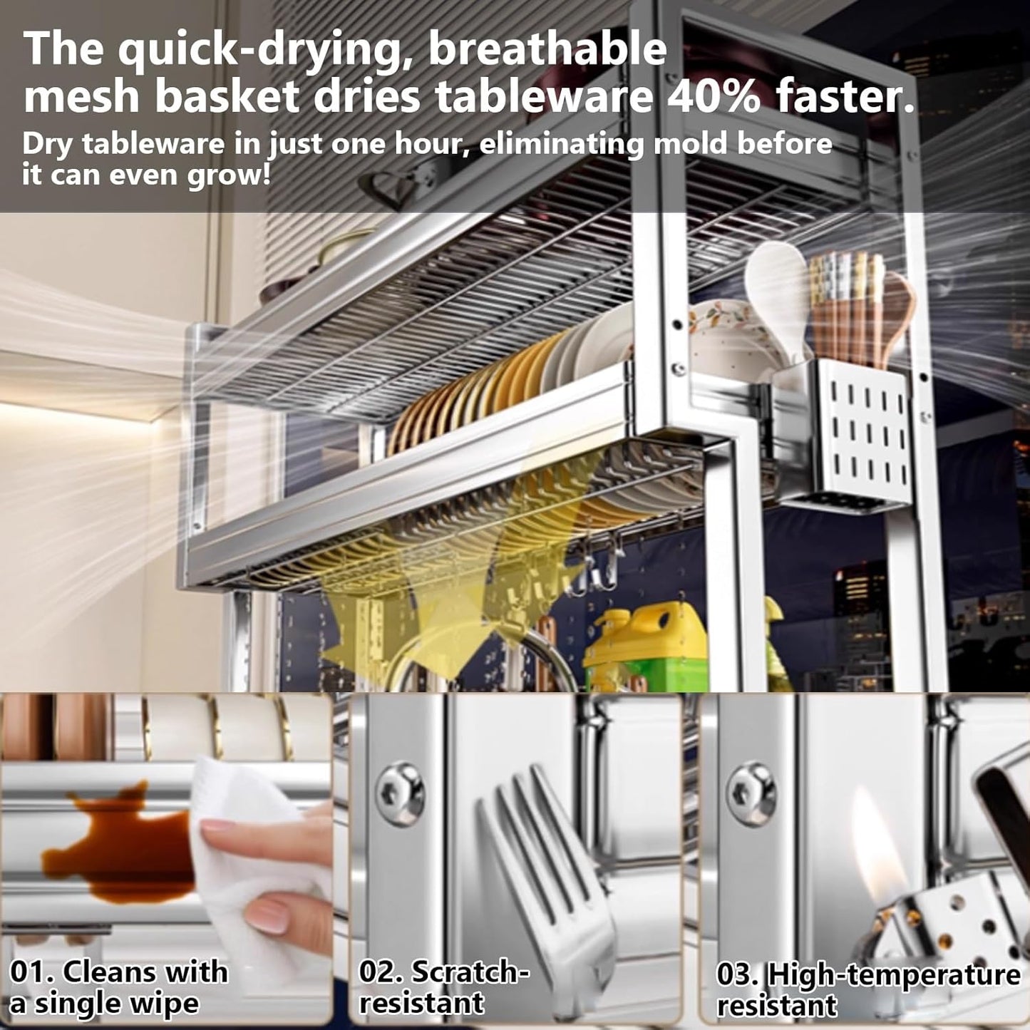 Kitchen Sink Rack Sink Above The Dish Drain Dish Washing Rack Stainless Steel Multifunctional Dish Storage Rack,Over The Sink Drying Rack for Dishes(1,55cm/21.7in)