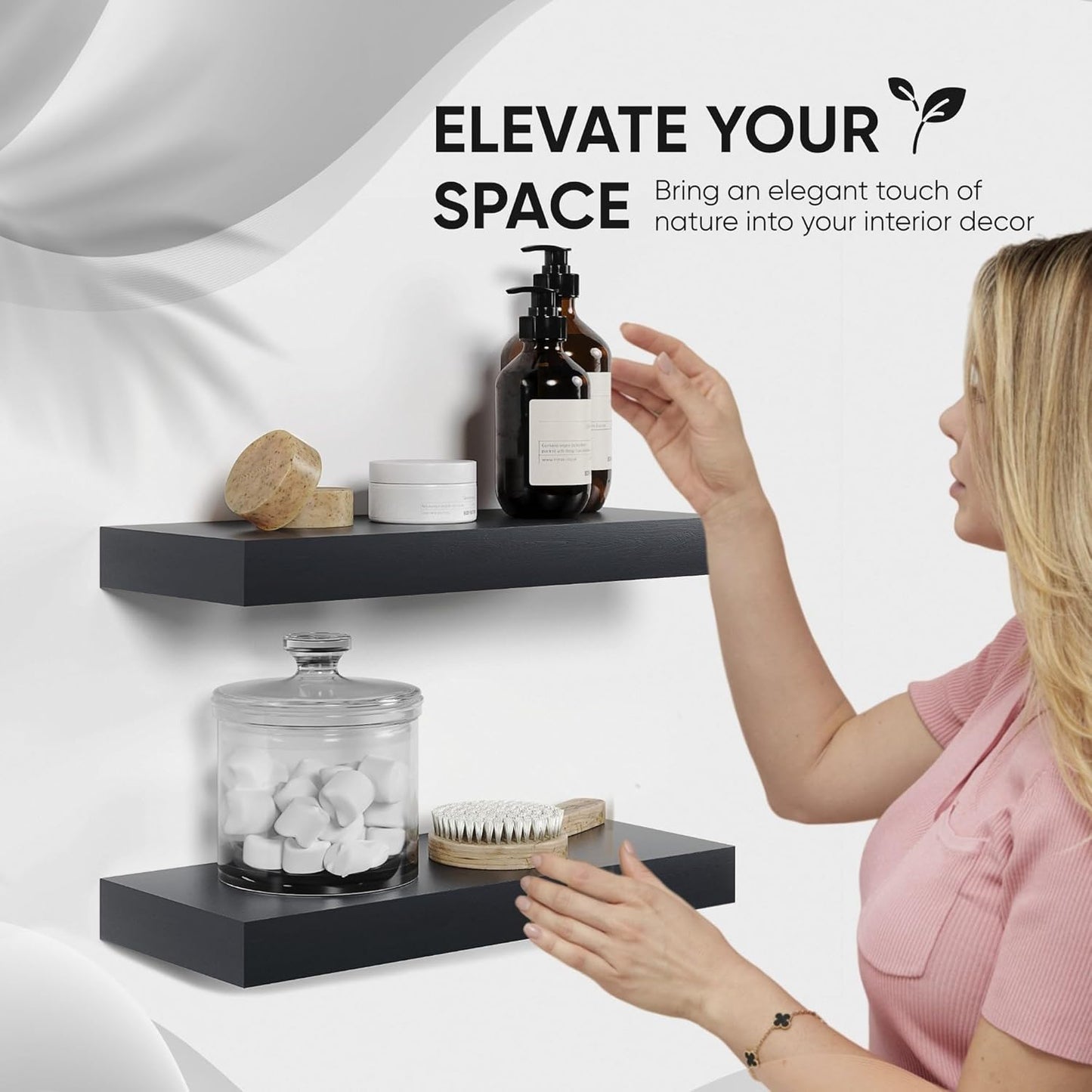 Homeforia 16 inch Black Floating Shelves, High End Solid Real Wood 16inch Bathroom Floating Shelves for Wall Mounted, 16in Wooden Small Floating Shelf, Heavy Duty Bracket, 16 X 6.5 X 1.75 in, Set of 3