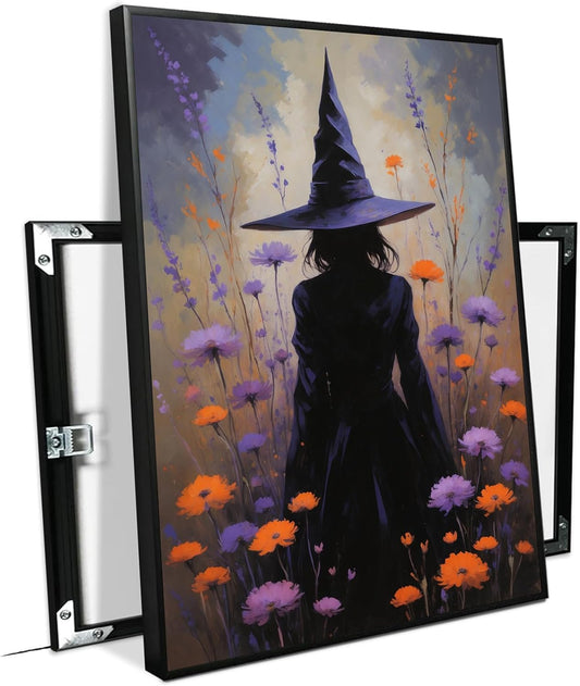 JFHCQJPK Country wildflower witch canvas print halloween mashup art witch purple decoration bohemian elegant art poster8x12in Metal blackFramed