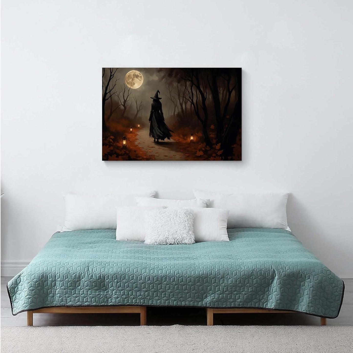 Moonlight witch poster dim lantern Halloween decoration Gothic style dark retro college style canvas wall art suitable for living room bedroom20x30in Wood Framed