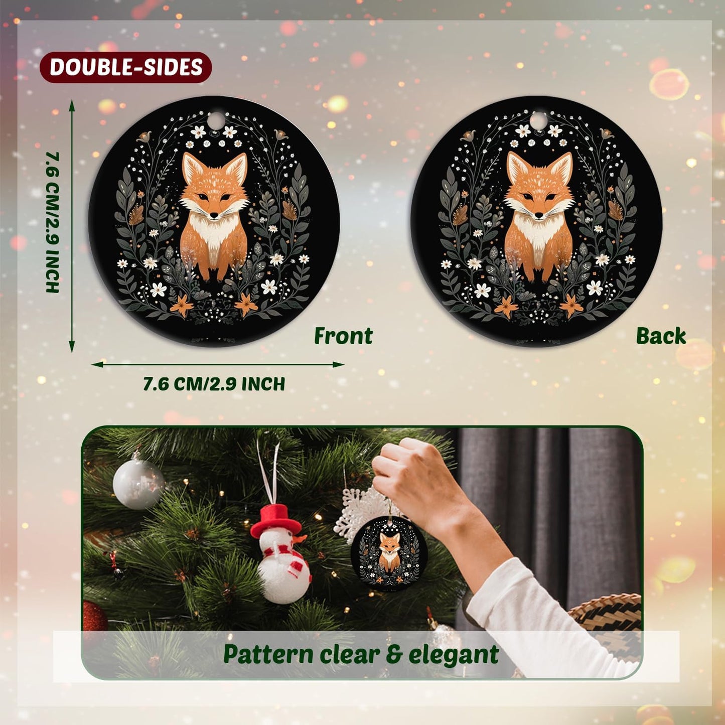 Fox Ornament, Fox Gifts for Women Girls Men,Gifts for Fox Lovers, Cottagecore Botanical Fox Ceramic Ornaments, Fox Decorative Hanging Ornament