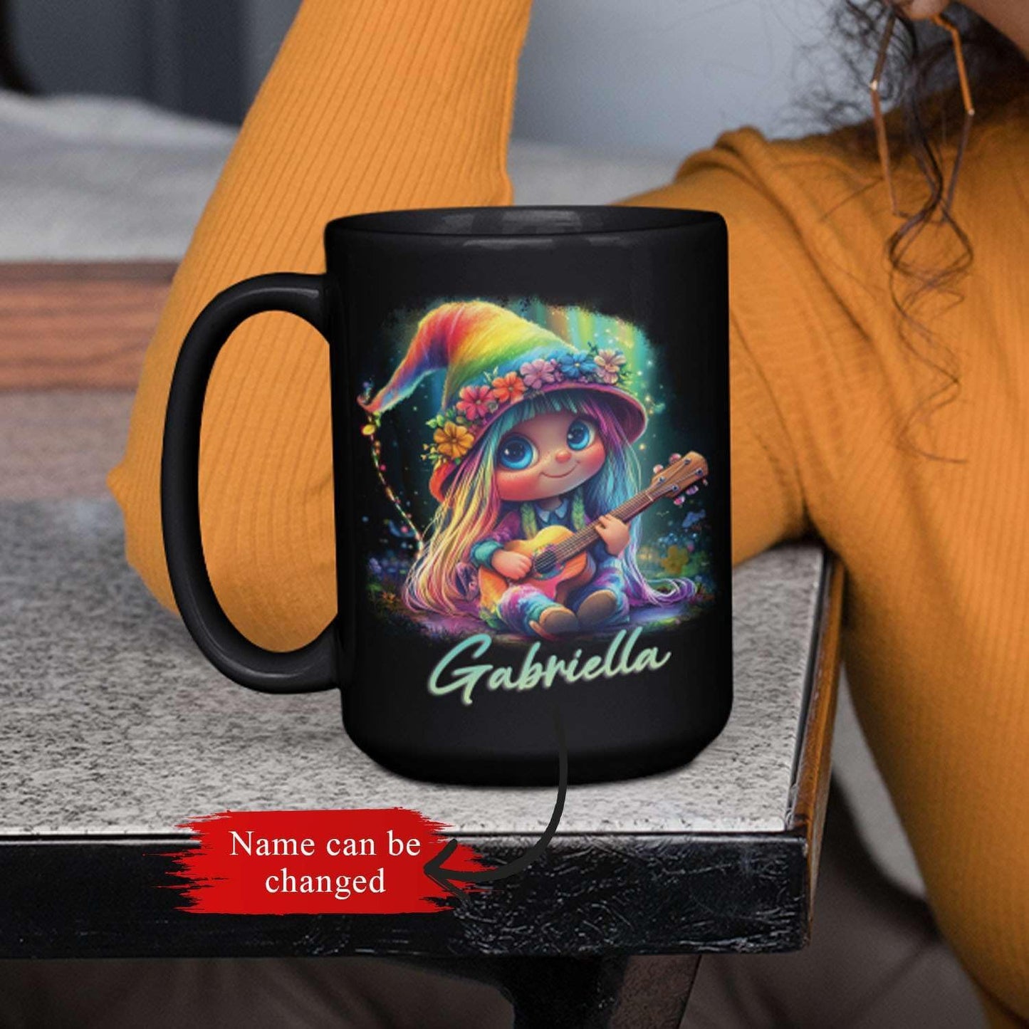 Customized Adorable Gnome With Guitar Mug 11oz 15oz, Personalized Name Coffee Cup, Gnome And Northern Lights Mug, Custom Whimsical Music Ceramic Cup, Gnome Black Mug Gift For Kids