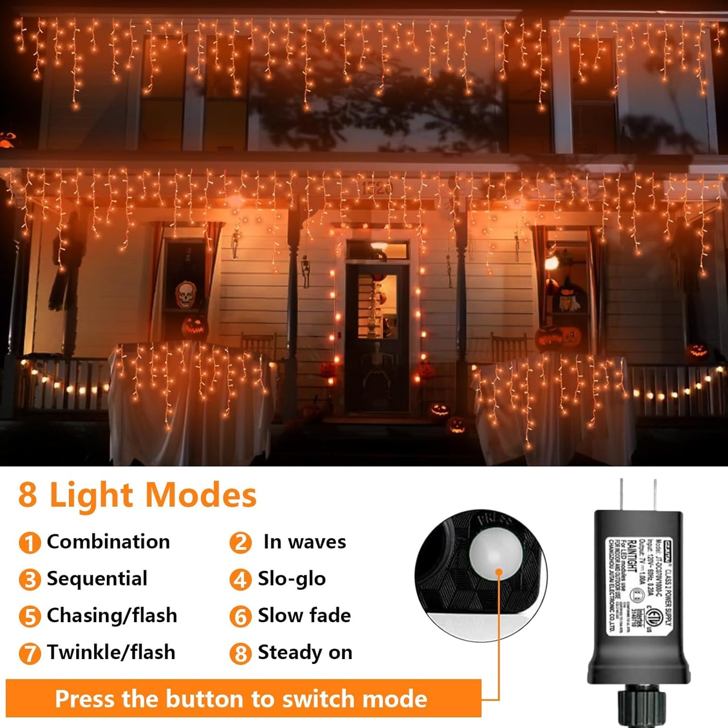QITONG Orange Lights for Halloween, 33ft 400 LED Icicle Light for Outside with 8 Modes, Clear Wire Connectable Christmas Lights Indoor Plug in