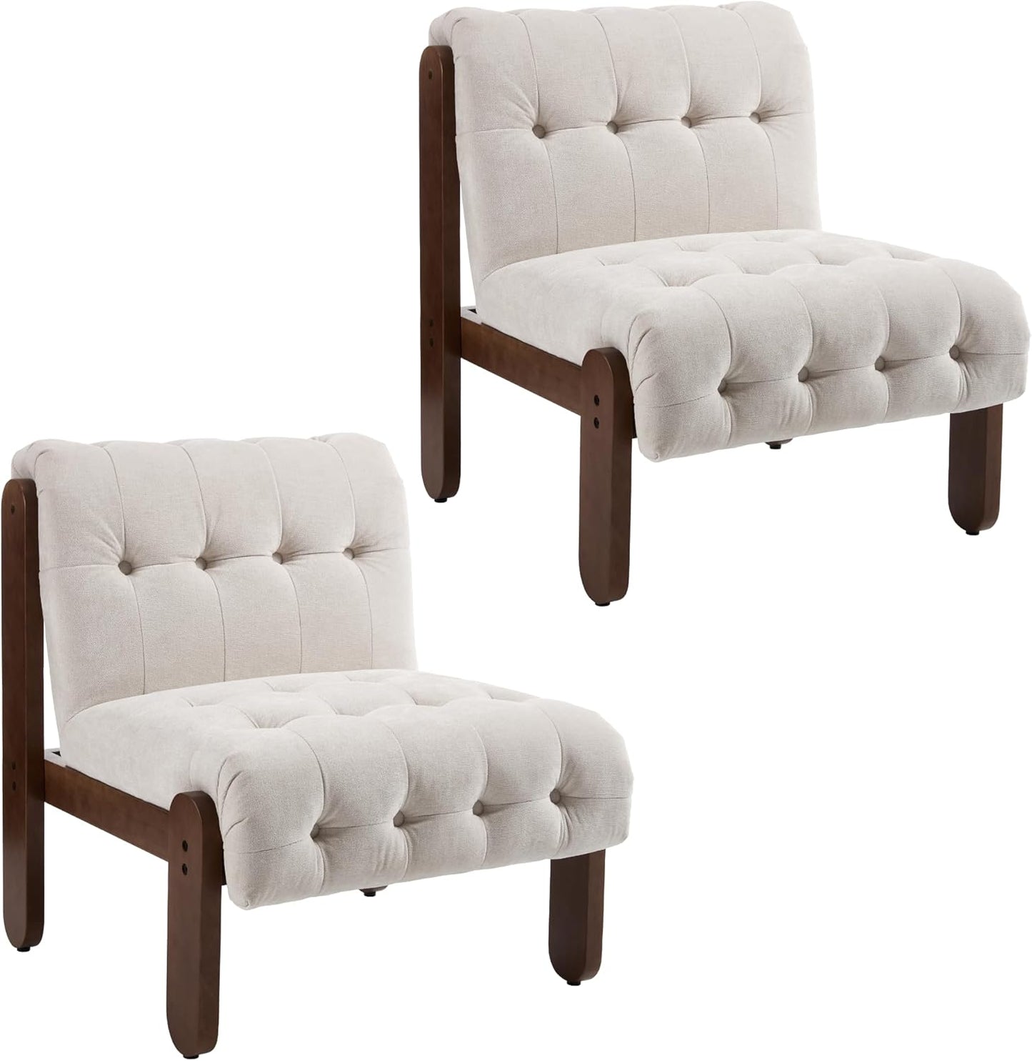Modern Armless Accent Chair Set of 2 for Living Room, Beige Linen Button Tufted Upholstered Lounge Reading Chair with Walnut Wood Frame