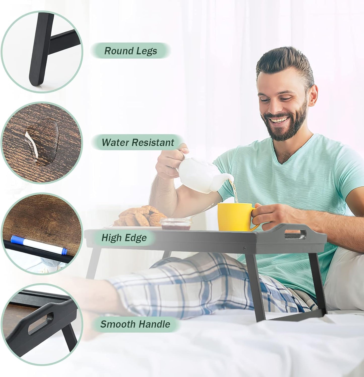 2 Pack Bed Tray Table Breakfast Trays Serving Tray Bamboo Bed Laptap Floding Legs with Handles and Phone Holders