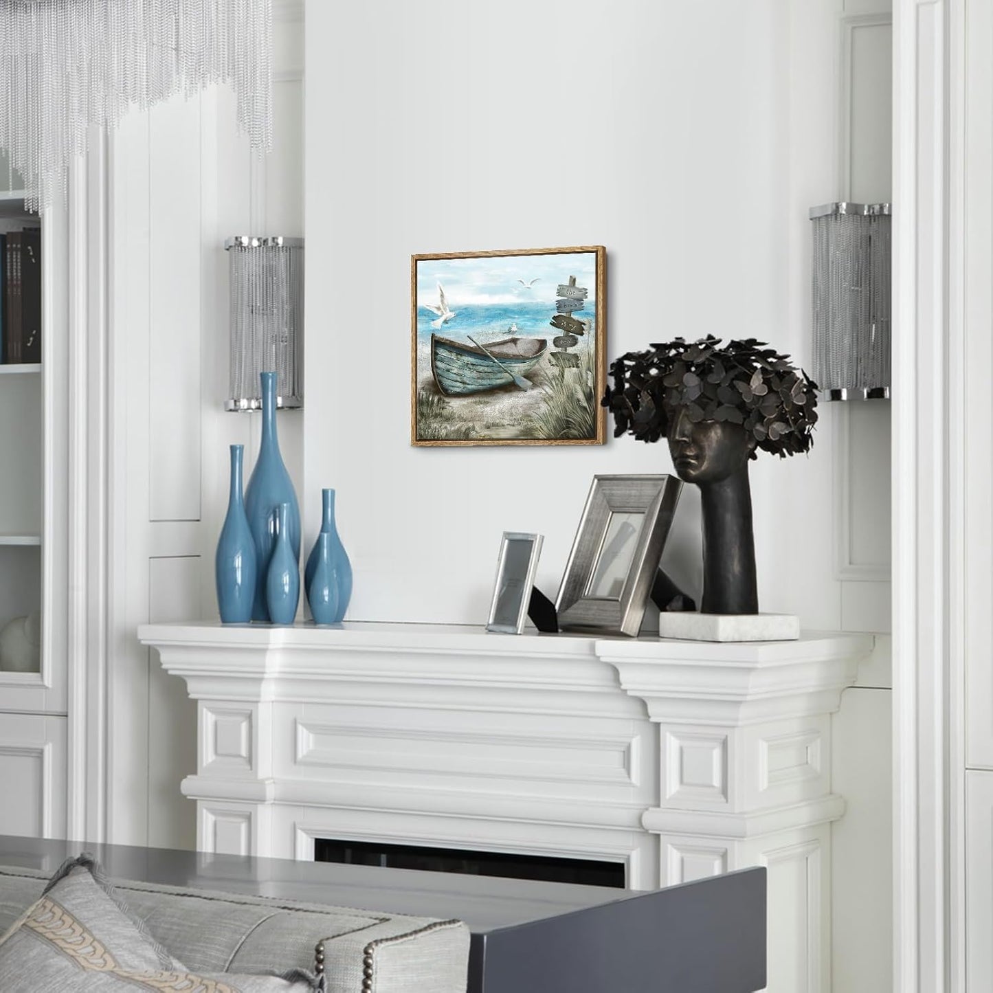 Framed Wall Art Beach Décor Ocean Canvas Picture Coastal Artwork Sea Bird Boat Blue Tan Small Rustic Beachy Canvas Print for Bathroom Bedroom Living Room