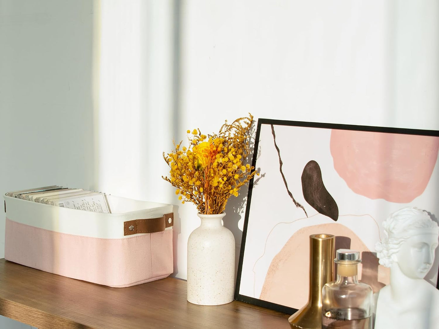 StorageWorks Narrow Storage Bins, Small Basket for Closet and Shelves, Fabric Organizer with Handles, Toilet Paper Storage, Pink and White, 2-Pack