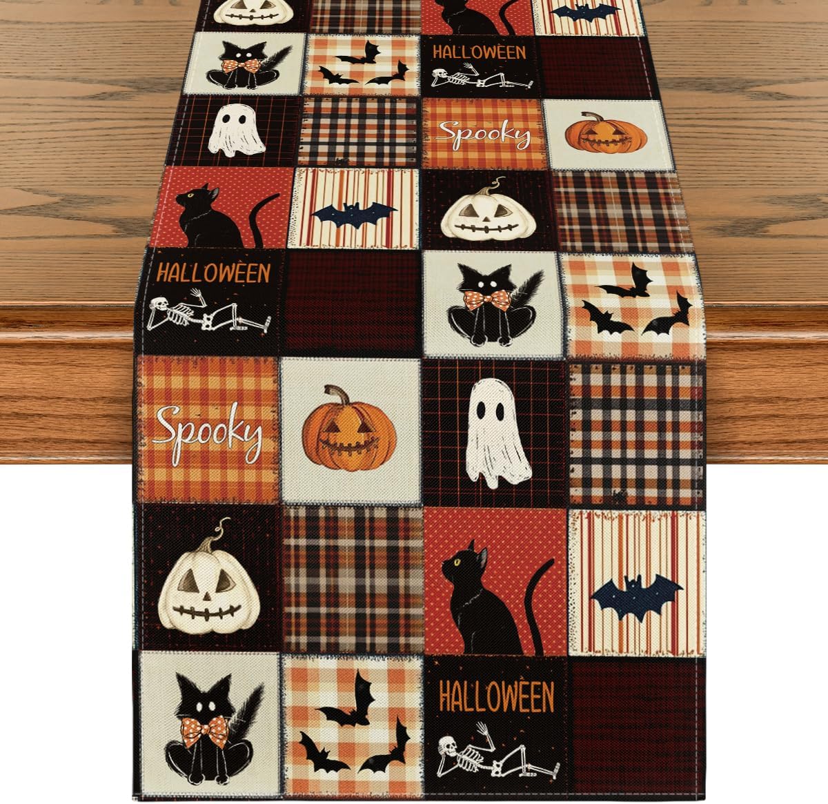 Artoid Mode Black Cat Bat Pumpkin Spooky 210 GSM Halloween Table Runner, Ghost Kitchen Dining Table Decoration for Home Party Decor 13x72 Inch