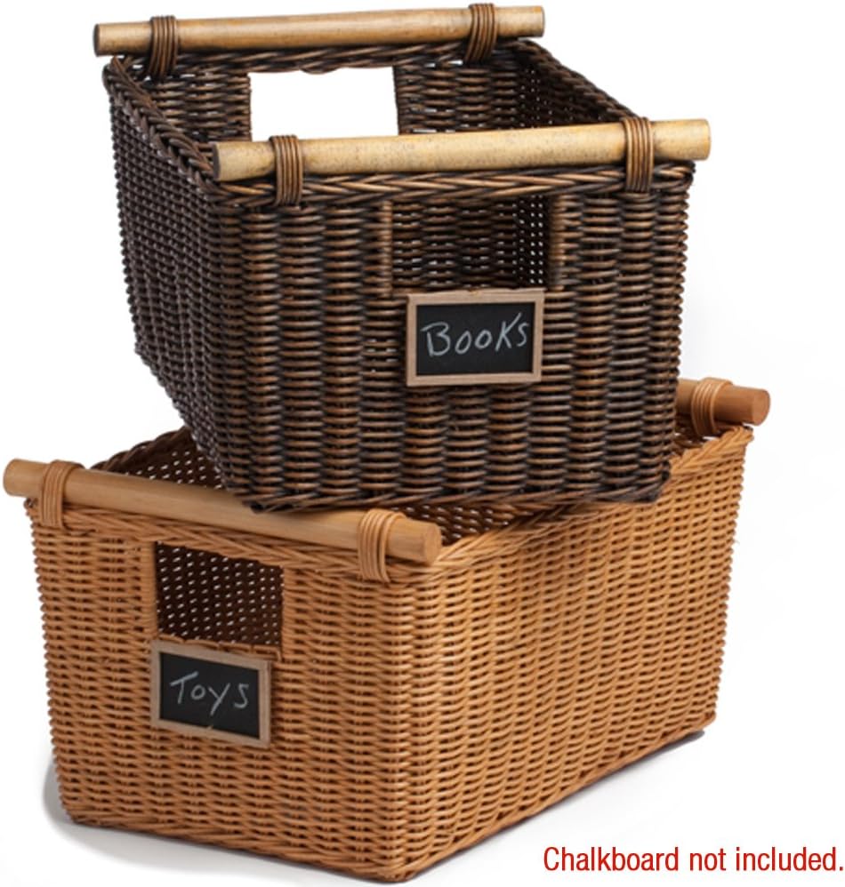 The Basket Lady Pole Handle Wicker Storage Basket, Large, 18 in L x 14.5 in W x 9 in H, Antique Walnut Brown