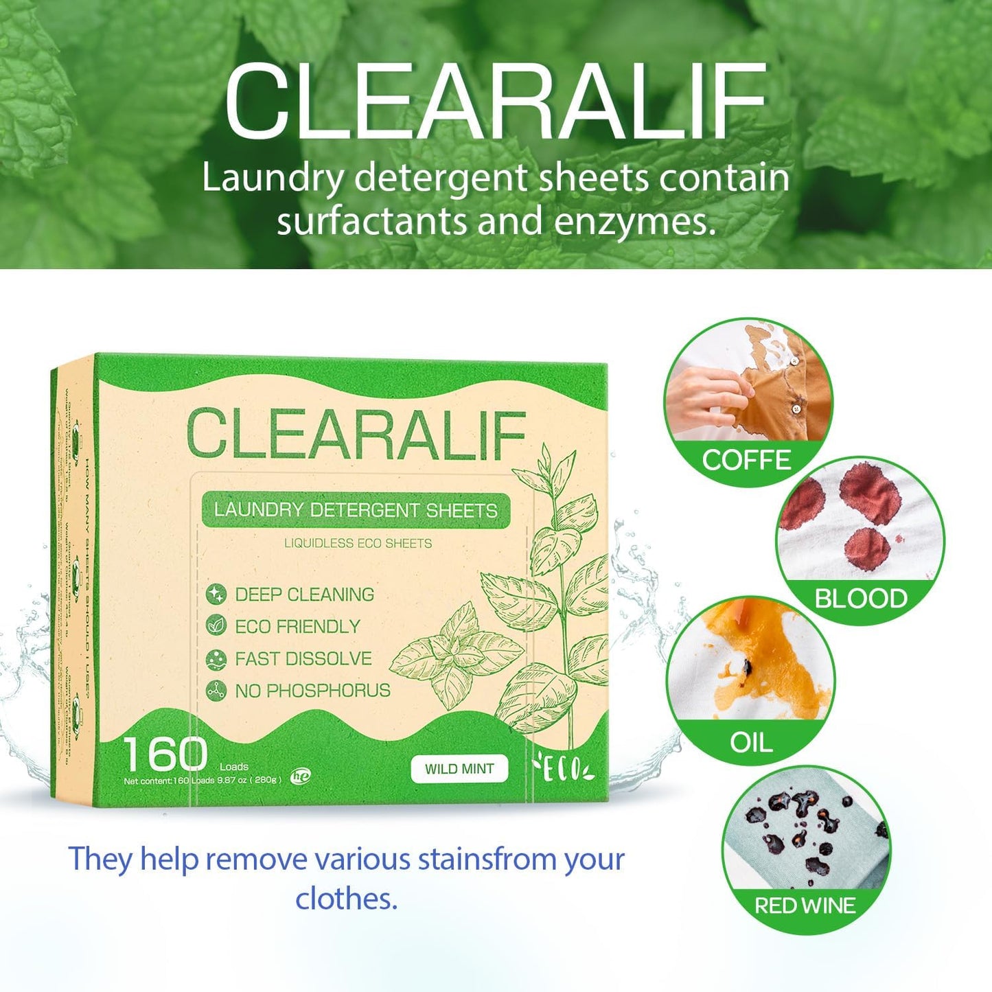 Laundry Detergent Sheets Up to 160 Loads, Wild Mint - Great For Travel,Apartments, Dorms,CLEARALIF Laundry Detergent Strips Eco Friendly & Hypoallergenic - 80 Sheets