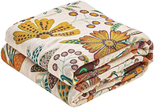 Boho Throw Blanket, 100% Cotton Ultra Soft Luxury Throw Rustic Quilt, 80"x90" Floral Printed Farmhouse Decor Bed Summer Blankets, All Season Rustic Reversible Bohemian Throw for Bed - White