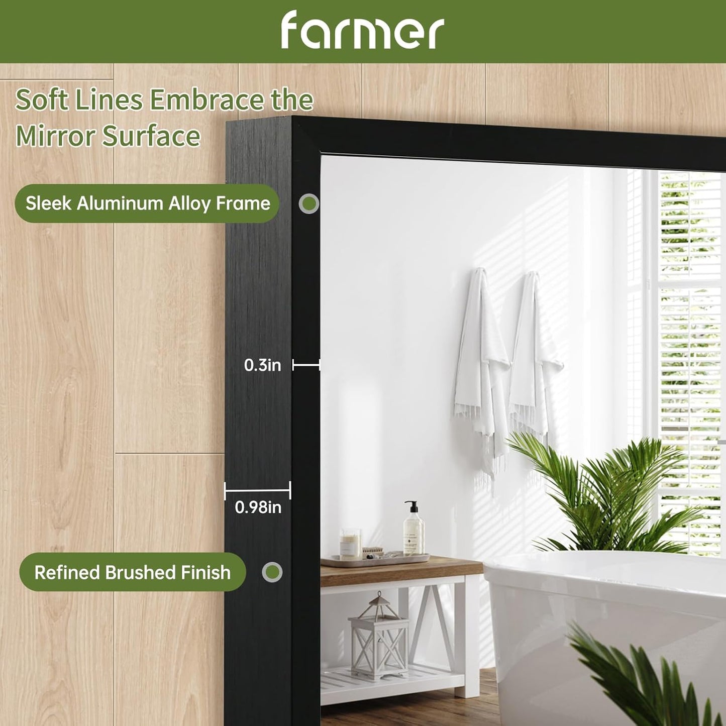 FARMER 26x38 Inch Black Bathroom Mirror, Rectangle Wall Mounted Mirror, Vanity Mirror, Brushed Square Mirror, Framed Bathroom Mirror for Bedrooms, Entryways, Living Rooms, Horizontal/Vertical