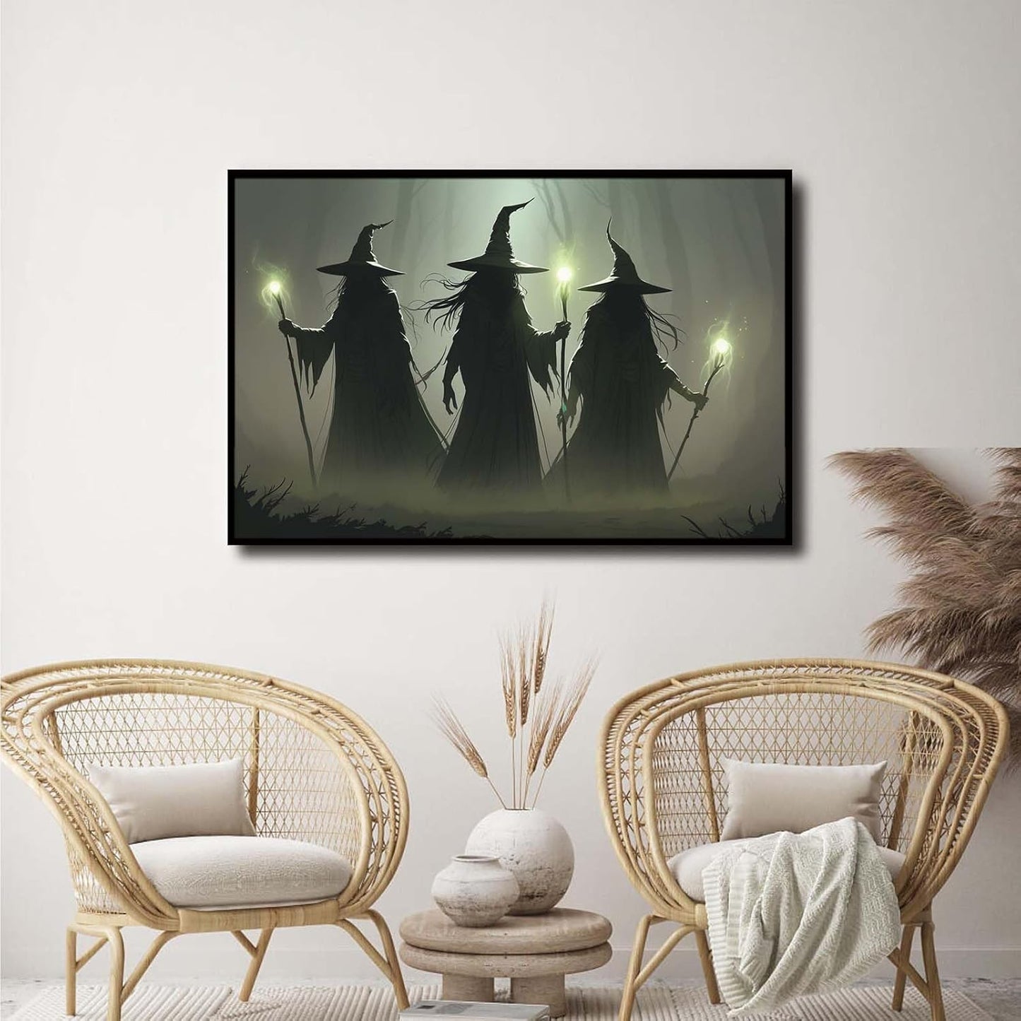 JFHCQJPK Vintage 3 witches canvas wall decor melancholy dark Halloween poster wall decor holding a staff print Gothic horror Halloween painting print for living room bedroom24x36in Metal blackFramed