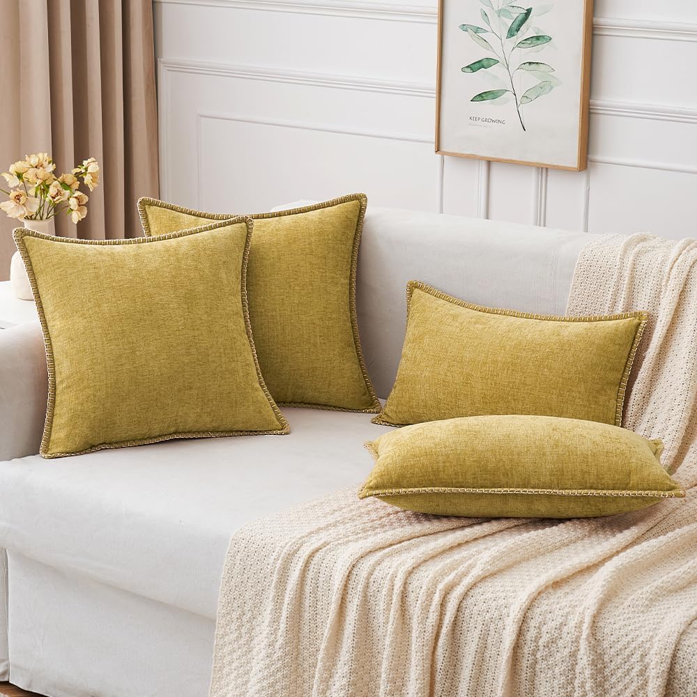 MIULEE Pack of 2 Couch Throw Pillow Covers 12x20 Inch Mustard Yellow Farmhouse Decorative Pillow Covers with Stitched Edge Soft Chenille Solid Dyed Fall Pillow Covers for Sofa Bed Living Room