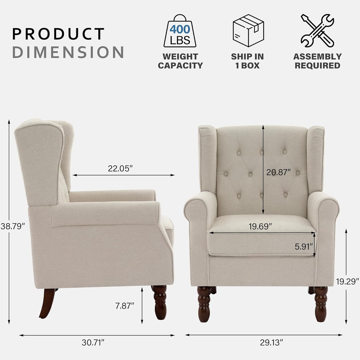 Lumibee High Back Accent Chair,Upholstered Wingback Armchair with Solid Wood Legs for Small Spaces,Comfy Single Sofa Chair for Living Room,Bedroom,Office-Beige
