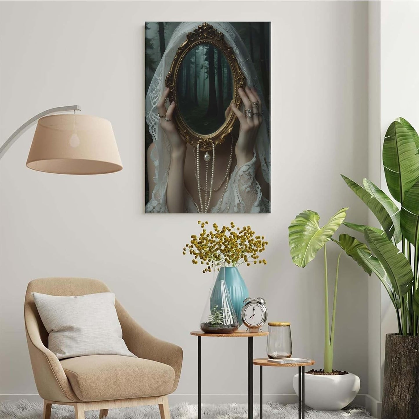 Mirror face covering dark art poster print melancholy gothic painting vintage feminine print victorian style decoration antique art12x16in Wood Framed