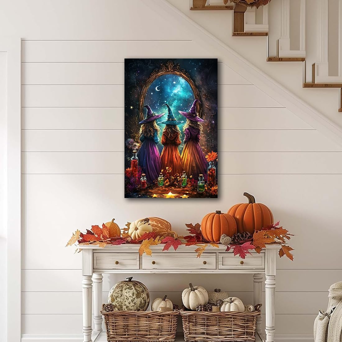 Witch Poster Halloween Fall Wall Art Decor,Three Witches with Magic Potion Mirror Colorful Vintage Print,Dark Academia Spooky Canvas Art Prints for Home Living Room,24"x36" Unframed