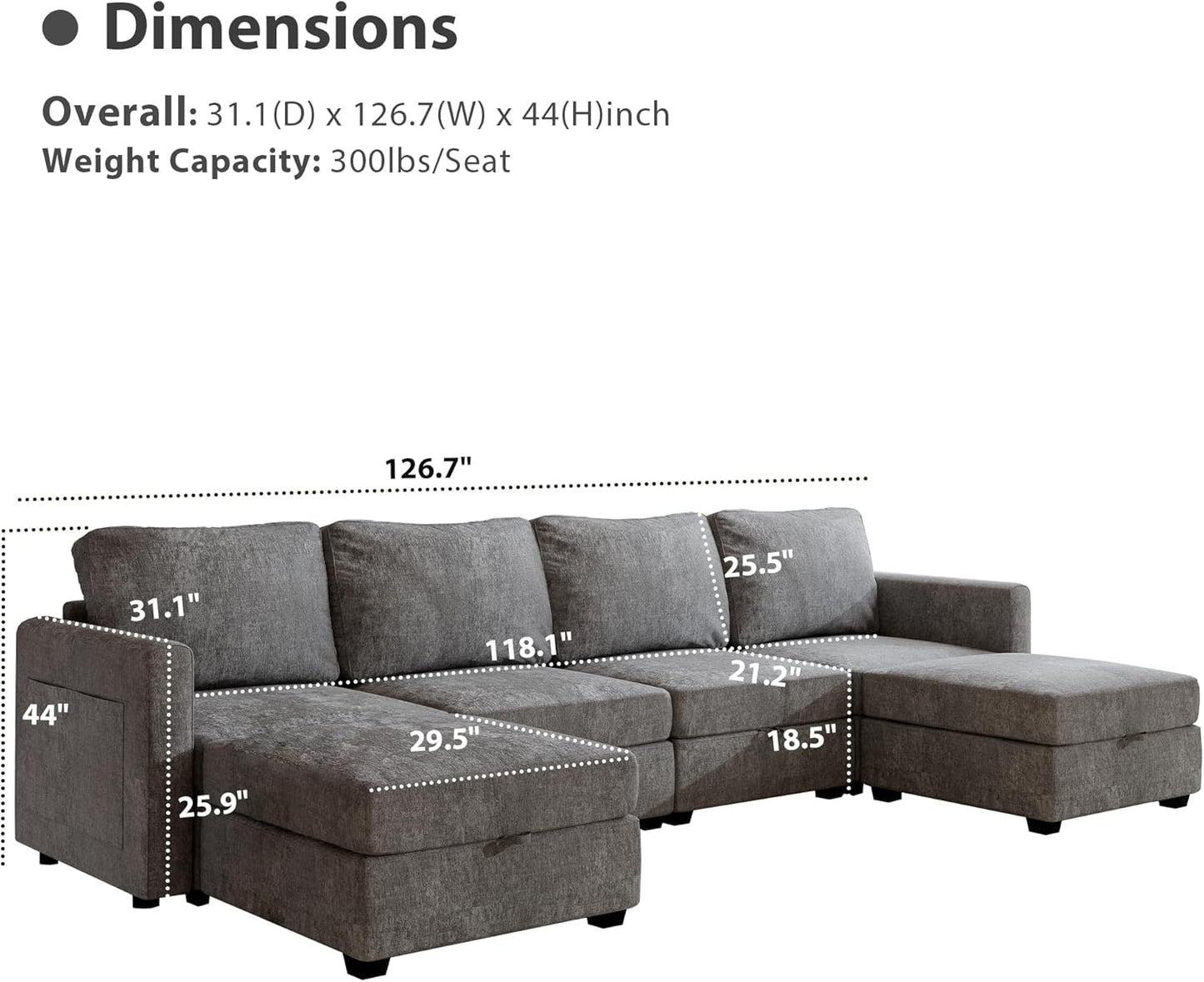 mestyl Modular Sectional Sofa Convertible U Shaped Sofa Couch Set with Storage for Living Room, Modern 4 Seater Modular Sectional Couch with 2 Movable Ottoman (Grey)