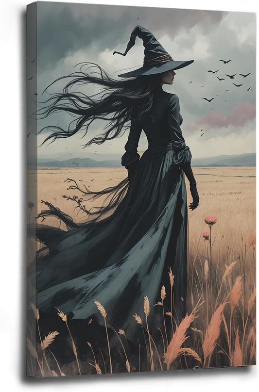 Gothic Decor Canvas Wall Art Witch in Rice Field Halloween Art Decor Print Nature Print Victorian Home Bedroom20x30in Wood Framed
