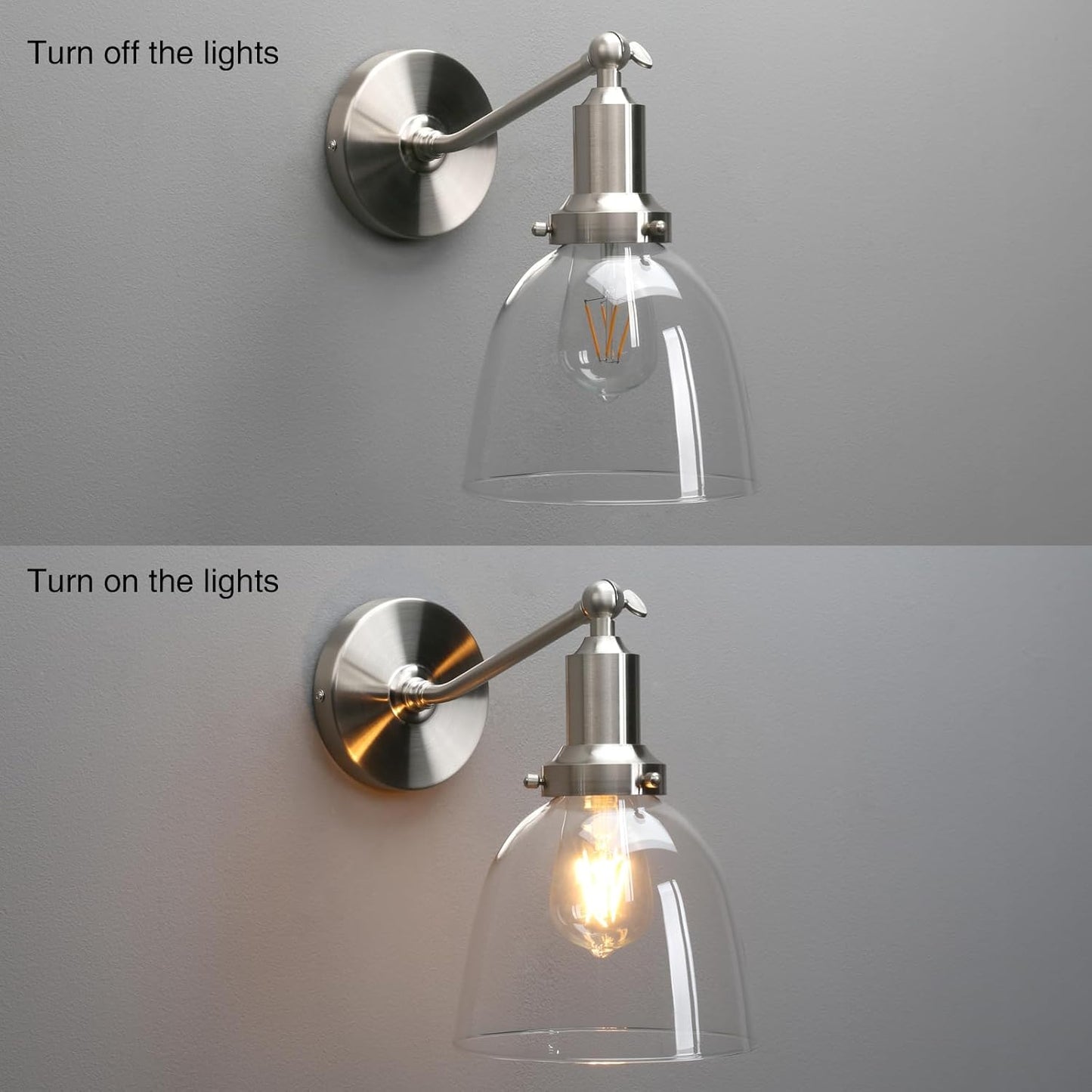 PERMO Industrial Vintage Slope Pole Wall Mount Single Sconce with 6.7" Oval Dome Clear Glass Shade Wall Sconce Light Lamp Fixture (Brushed Nickel)