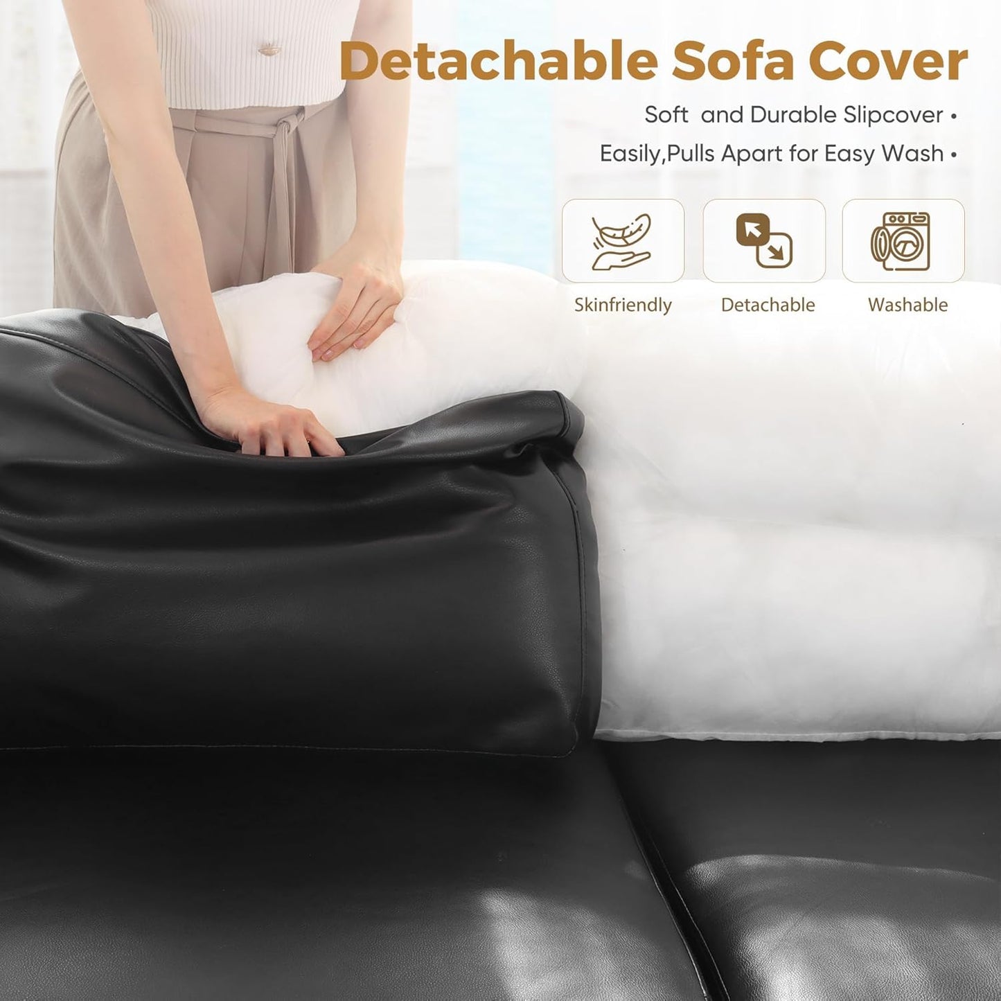 ABCASA 118.5" Faux Leather Modular Sectional Sofa, 7 Seater U Shaped Couch with Storage Seat with Reversible Chaise Deep Seat for Living Room Black