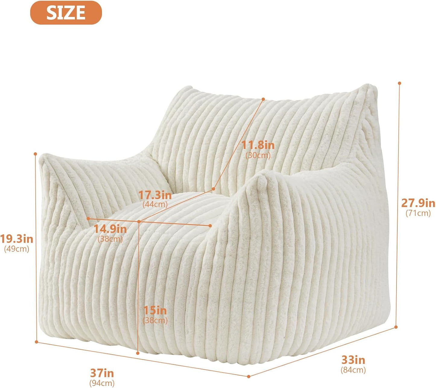 Giant Bean Bag Chairs for Adults with Filling Plush Fluffy Bean Bag Chairs for Teens with Armrests Comfy BeanBag Lazy Couch Sofa Chair for Bedroom Living Room Reading