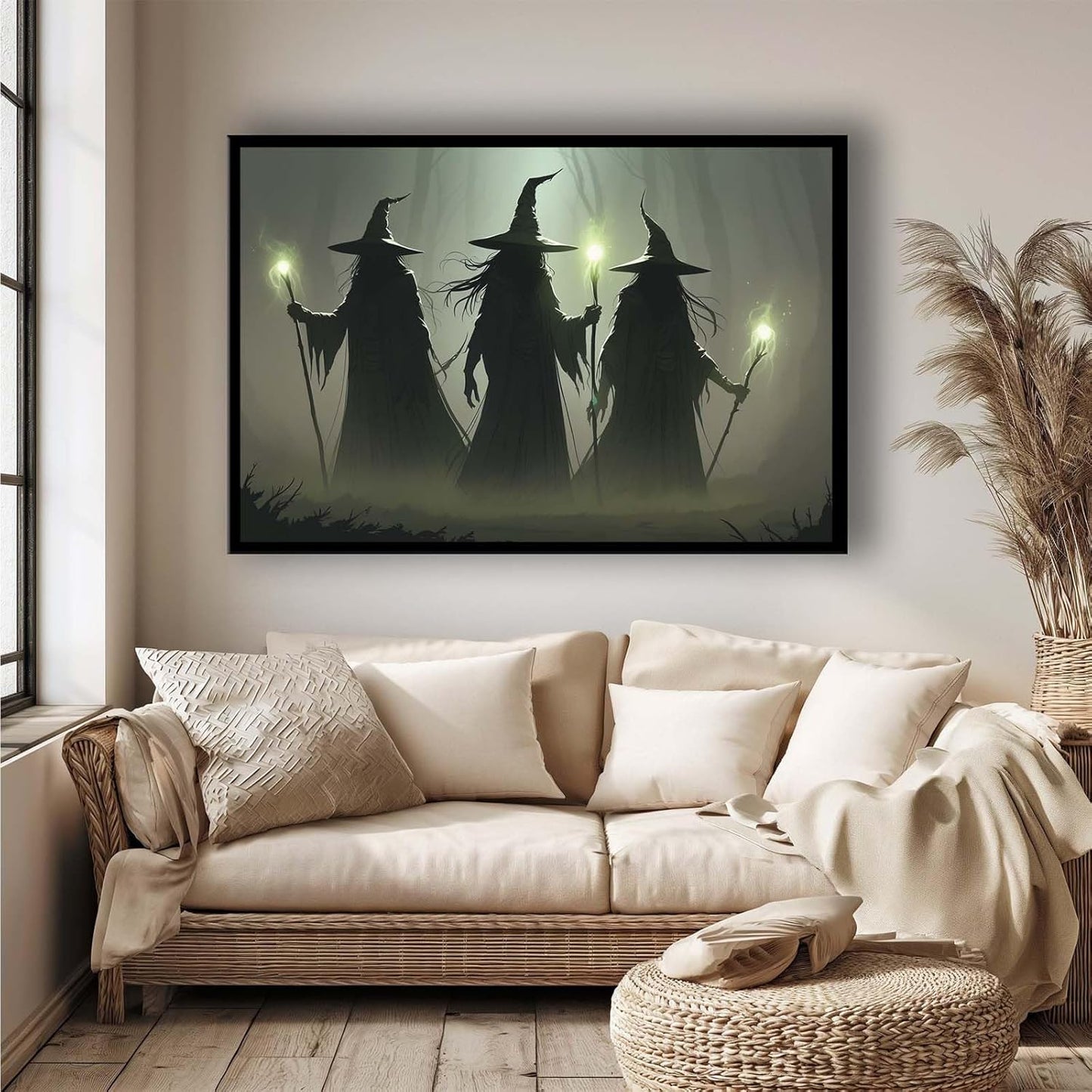JFHCQJPK Vintage 3 witches canvas wall decor melancholy dark Halloween poster wall decor holding a staff print Gothic horror Halloween painting print for living room bedroom12x16in Metal blackFramed
