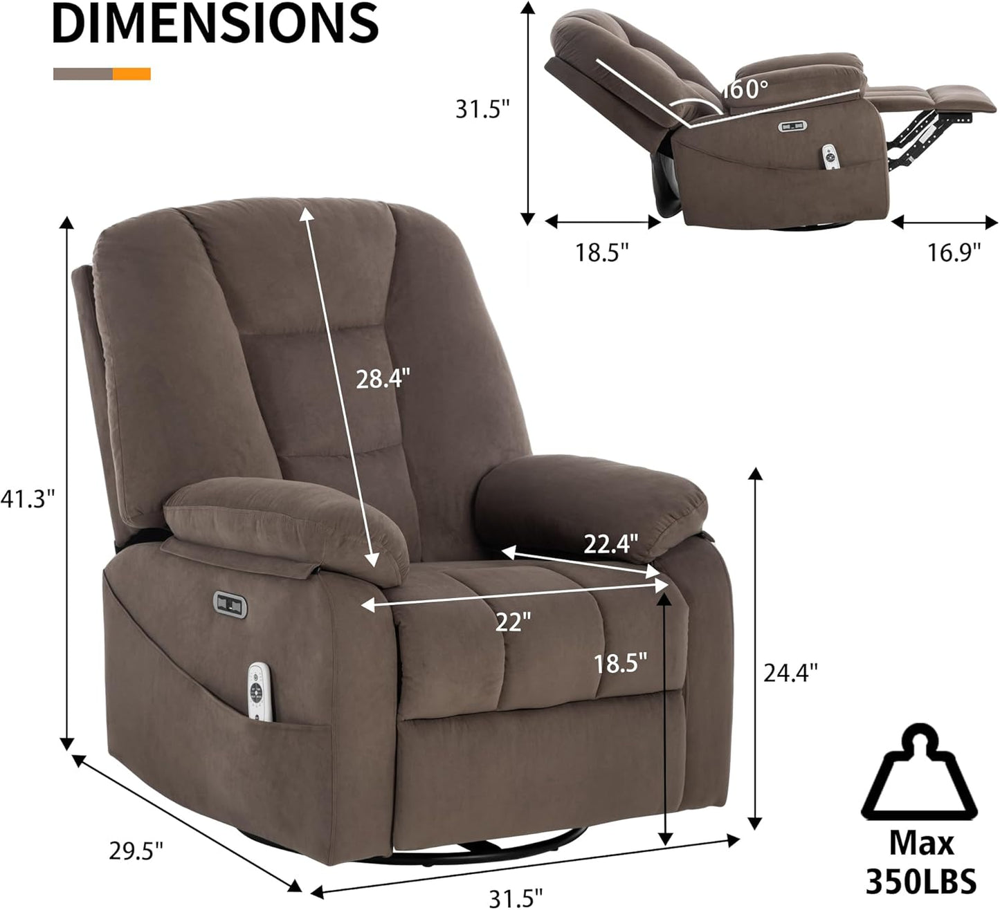 Power Swivel Rocker Recliner Chair for Adults,Rocking Recliners Chairs with Massage and Heat for Living Room, Electric Fabric Reclining Sofa Chair with USB and Type-C Port (Fabric Brown)