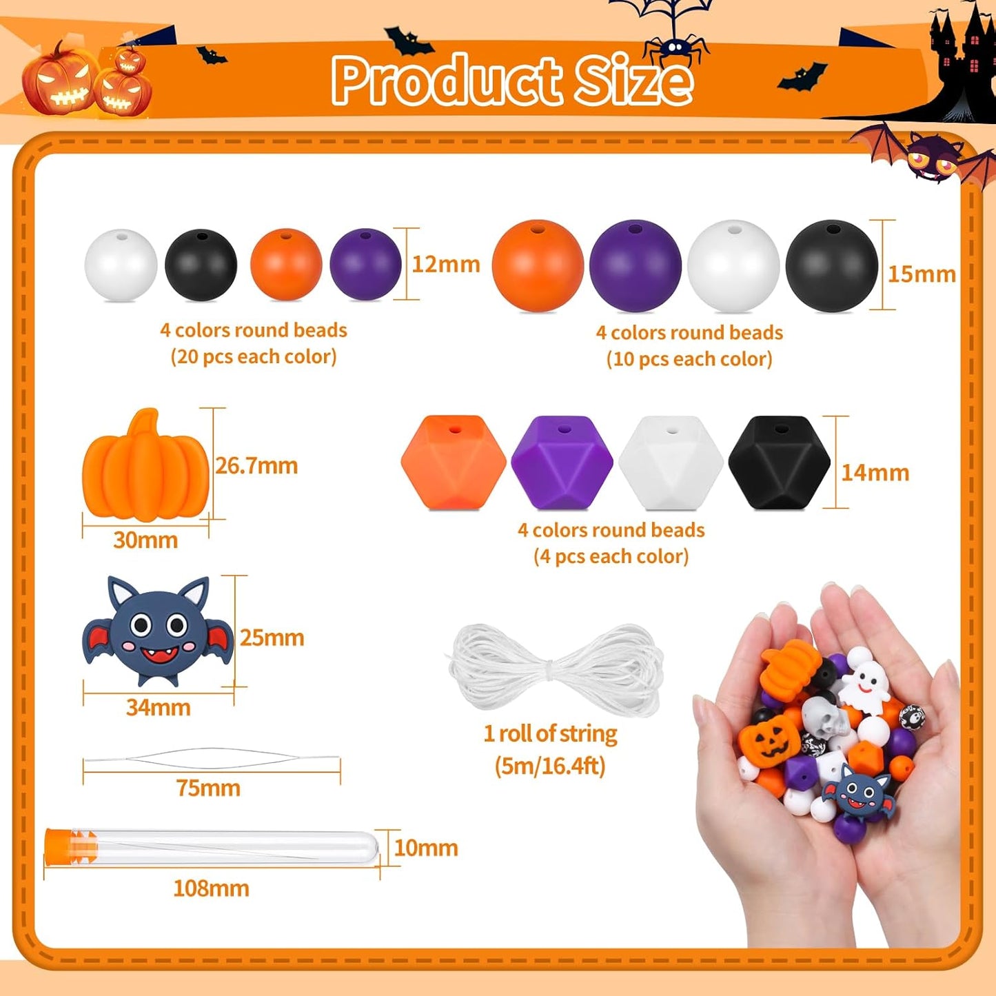 145 PCS Halloween Silicone Beads Kit - Round Loose Beads with Pumpkin Skull, Ghost, Bat & Polygonal Pastel Shapes for DIY Home Decor, Crafts & Jewelry Making