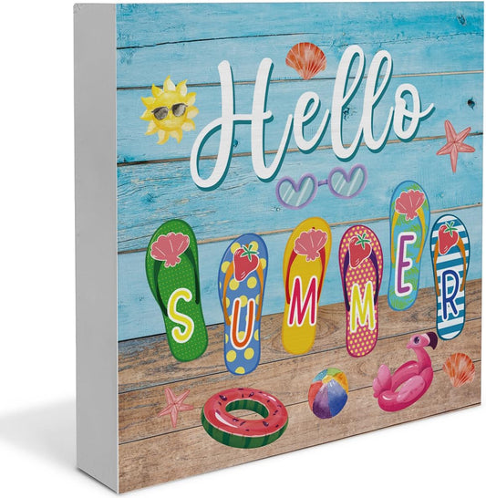 Summer Decor Hello Summer Decorations Flip Flop Wooden Sign Rustic Home Decor 5 x 5 Inches