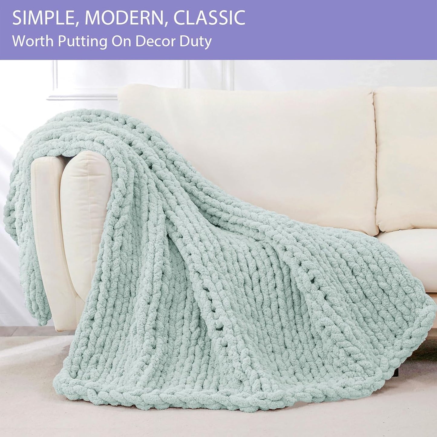 Bigacogo Chunky Knit Throw Blanket for Couch, 51x63 inches, 100% Hand Knitted with Thick Jumbo Chenille Yarn, Cozy Soft Large Rope Knot Cable Crochet Blankets for Sofa Bed Living Room, Mint