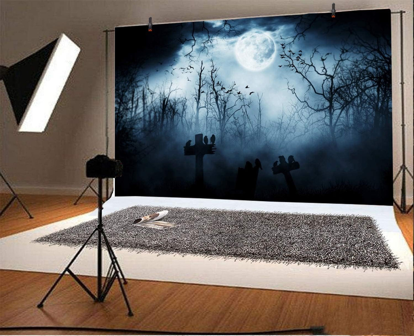 AOFOTO 15x10ft Moon Night Halloween Cemetery Photography Backdrop Flying Bats Birds Stand on Gravestone Cross Graveyard in Dark Forest Photo Background Cloth Vinyl Wallpaper Photo Studio Props