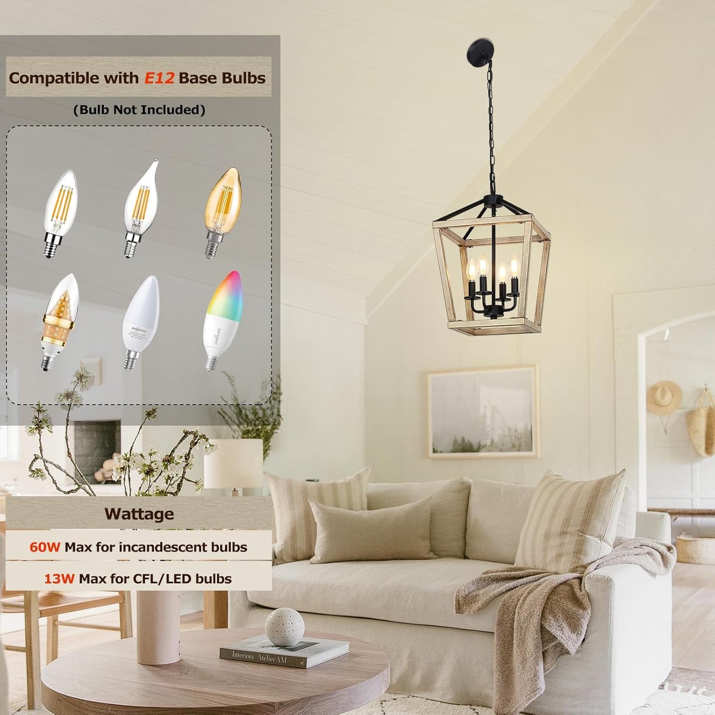 4 Light Chandelier Fixture, Farmhouse Light Fixtures Geometric Metal Cage Modern Ceiling Light with Adjustable Height, E12 Base Hanging Lights for Kitchen Island, Dining Room, Living Room, Indoor