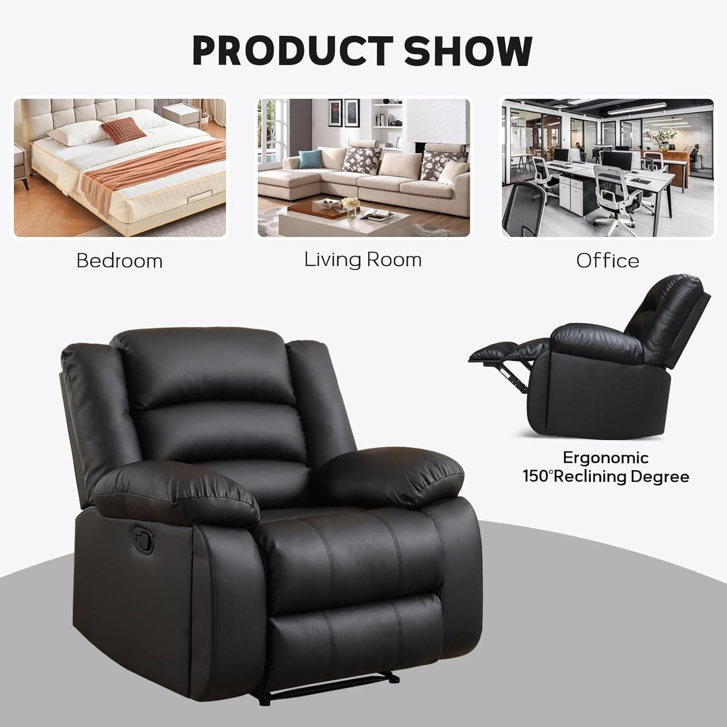 EBELLO Faux Leather Manual Recliner Sofa Set, 2 Recliner Chair, 3 Seat Reclining Sofa, Couch Set for Living Room, Bedroom, Meeting Room, Black (2Recliner+Sofa)