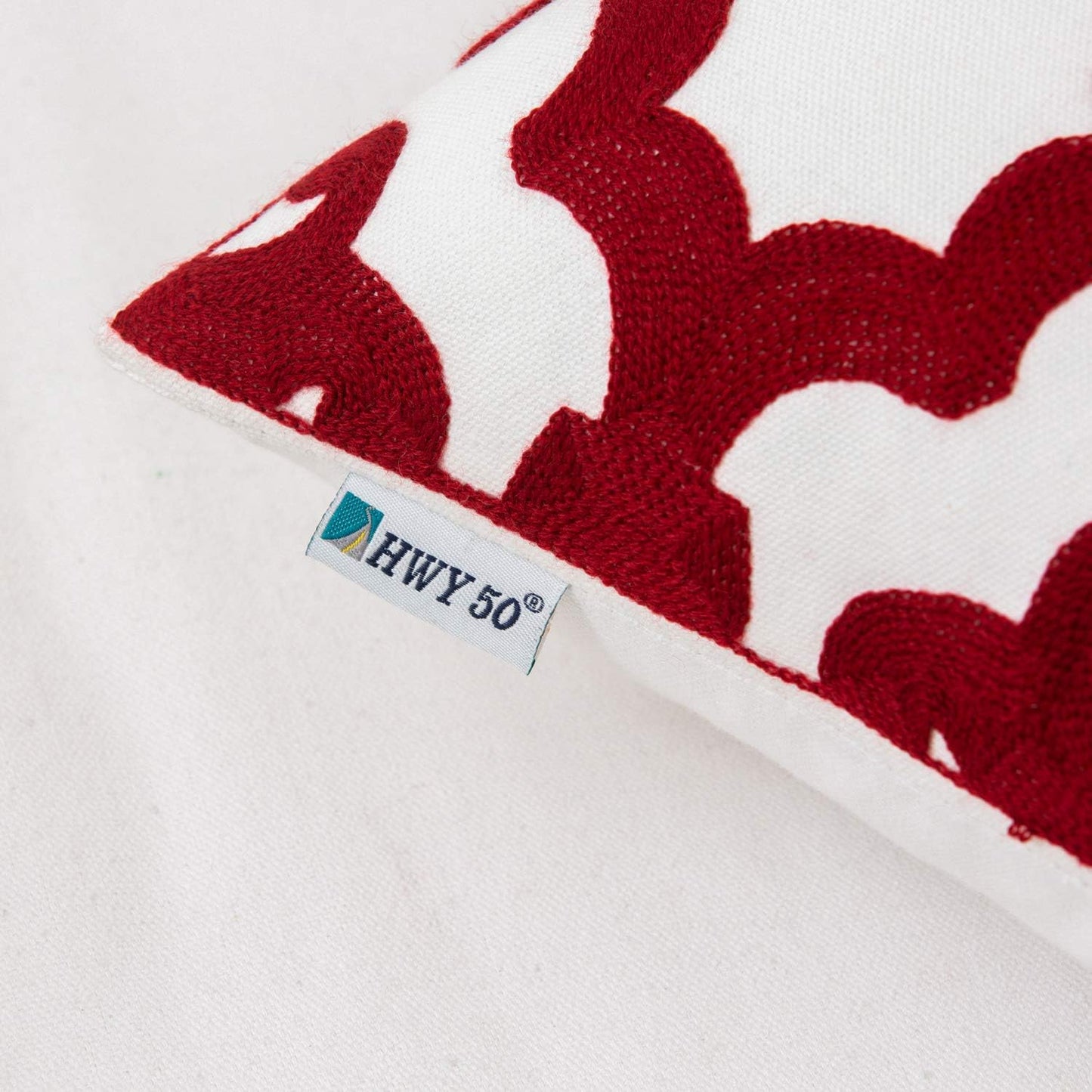 HWY 50 Red Decorative Throw Pillow Covers 18x18 Inch (1 Piece), Embroidered Cotton Farmhouse Cushion Cover Pillow Case for Sofa Couch Living Room Bed, Geometric