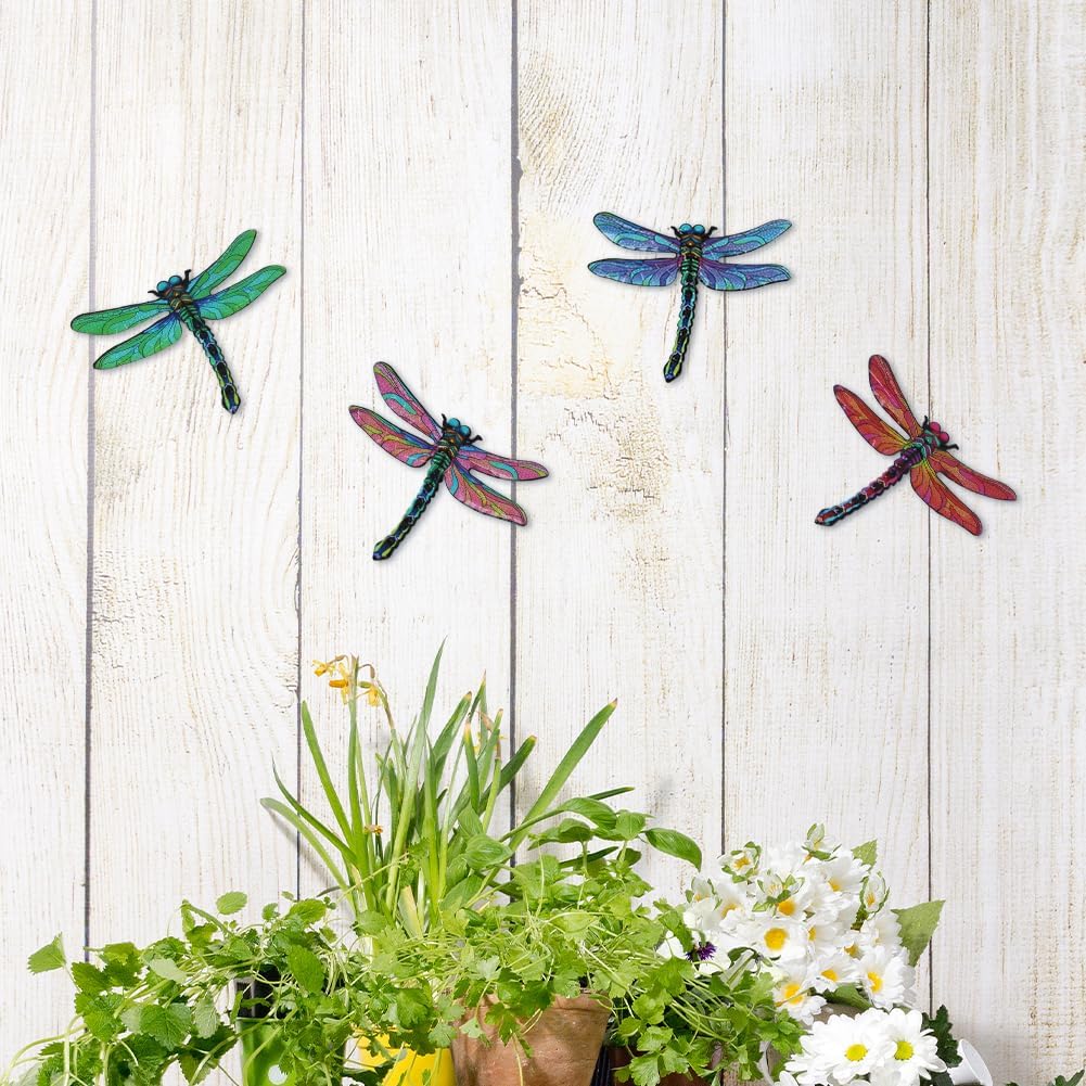 Metal Dragonfly Wall Decor Art, 4 Pack Colorful Metal Dragonflies Outdoor Wall Art, Hand Painted Outdoor Wall Decor for Garden, Yard, Fence, Patio, Outside, Living Room Decoration