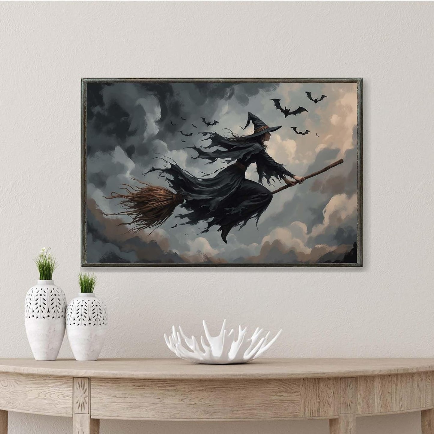 JFHCQJPK Witch and bat flying Halloween poster suitable for home party wall decoration retro Halloween preppy style wall art canvas print suitable for room decoration20x30in Metal blackFramed