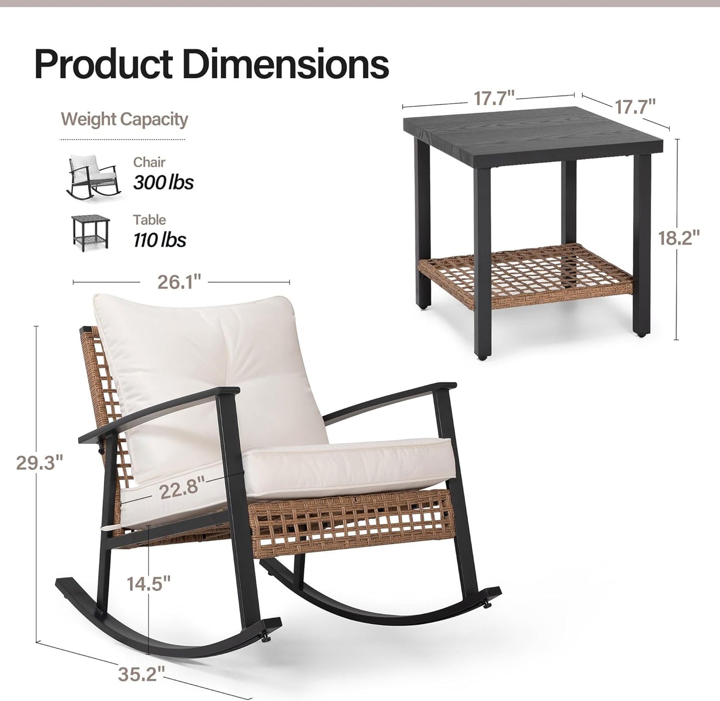 LAUSAINT HOME 3-Piece Rocking Bistro Set, Outdoor Patio Furniture with Thick Cushions and 2-Tier Coffee Table, Oversize Rattan Conversation Set for Garden, Balcony, Backyard (Beige)