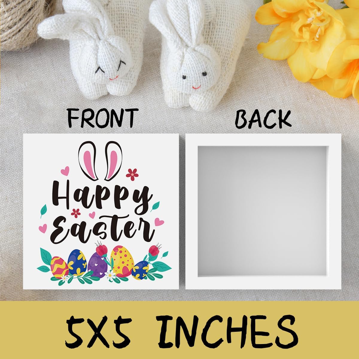 Rustic Farmhouse Bunny Easter Decorations Country Home Office Desk Decor Happy Easter Sign Cubicle Shelf Tabletop Tiered Tray Decor Gifts for Women 5 X 5 Inch