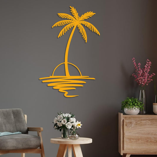 Metal Palm Tree with Sunset Wall Art, Large Outdoor Wall Decor, Tropical Beach Coastal Decor for Living Room, Bedroom, Garden Home Wall Sign, Perfect Metal Wall Art for Beach House, Coastal Theme, and Home Decoration (Gold, 24 x 19 inches)